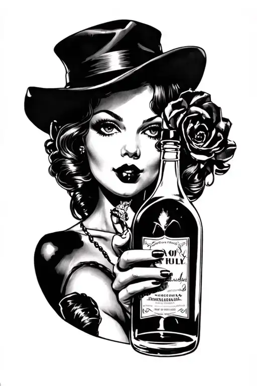 black and gray pinup girl holding bottle poison  tattoo design idea