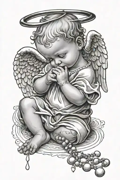 baby angel with praying hands holding a rosary wrapped tattoo design idea