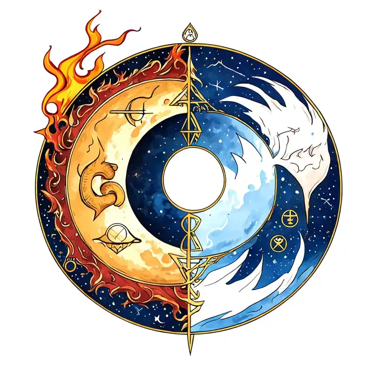 Wiccan theme, quarter moon phase, includes the zodiac signs of Aries, Taurus cusp, and their elements fire and earth, ar tattoo design idea
