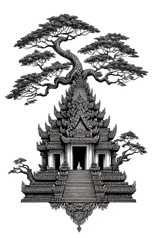 Khmer inspired ta prom temple ankgor tree tattoo design idea