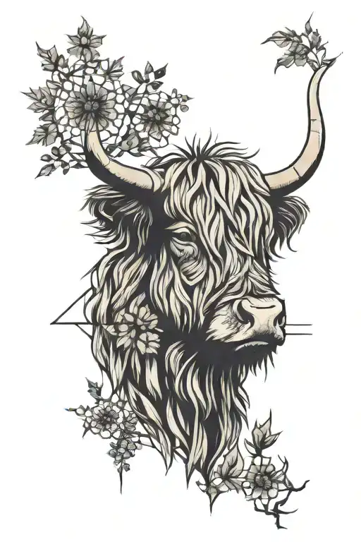 highland cow thistle castle tattoo design idea