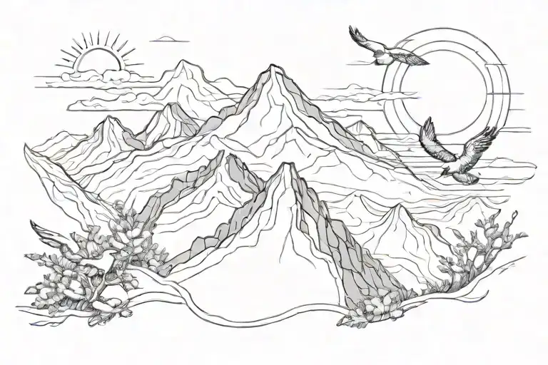 mountain, sun, birds tattoo design idea