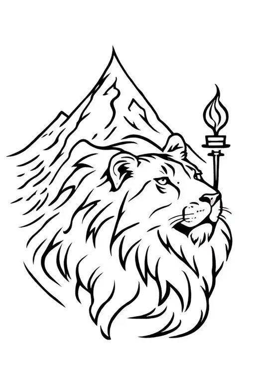 man, mountain, lion, torch, time, perseverance, effort, courage, power, elegance, knowledge tattoo design idea