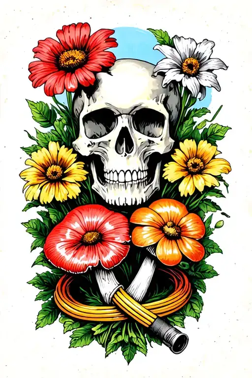 flowers, mushrooms, garden hose, and skull tattoo design idea