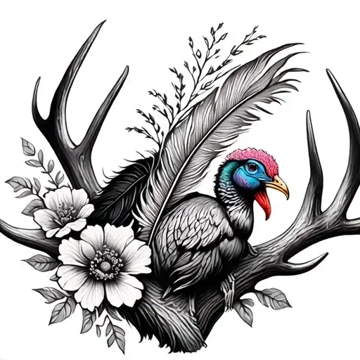 antler with turkey feather and flowers tattoo design idea