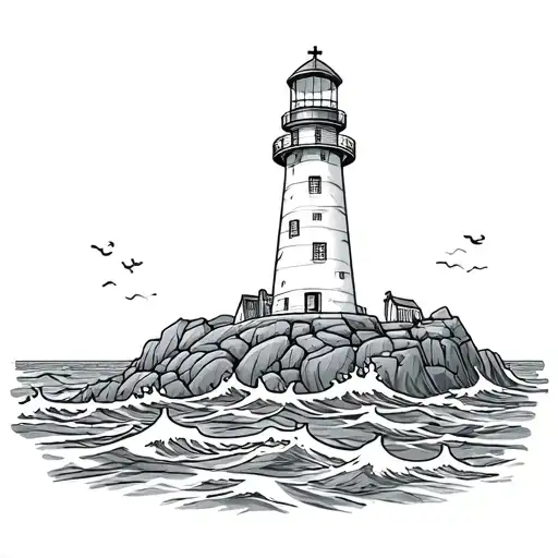 a lighthouse, with a cross on the top of the lighthouse, on the rocks surrounded by waves crashing tattoo design idea