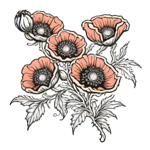 multiple poppy flowers in black and red color tattoo design idea