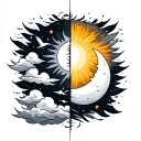 right side would have a sun and clouds maybe a bird and the right would have a moon and stary night sky split down middl tattoo design idea
