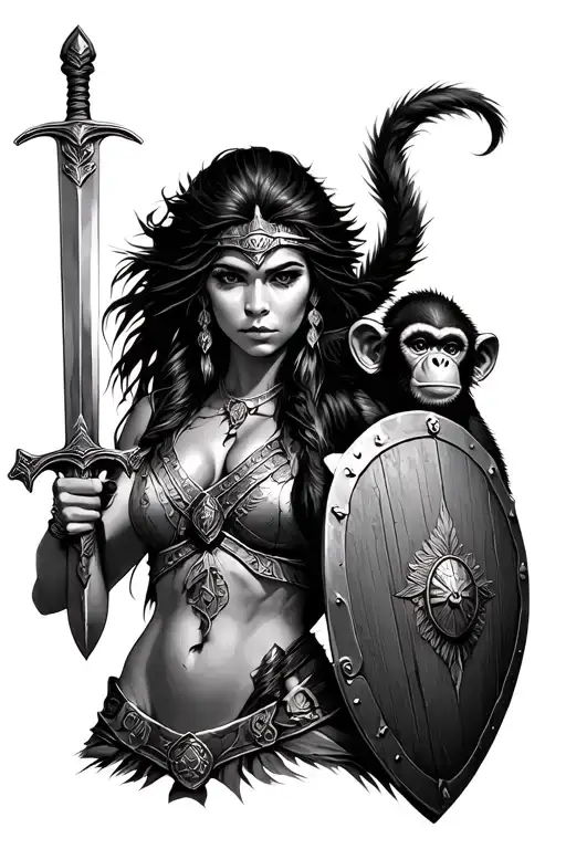 amazonian warrior woman with monkey on shoulder holding with sword and shield tattoo design idea