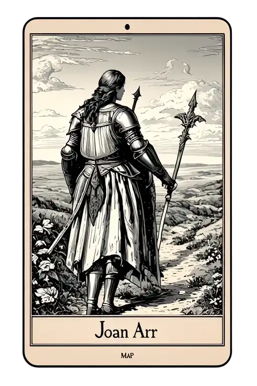 Map of Tarot Joan of Arc in back armor on a path looking towards the horizon tattoo design idea