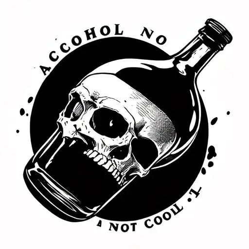 Half -filled bottle with a skull and around the bottle marked alcohol is not cool tattoo design idea