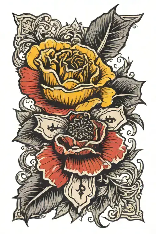 a cross tattoo with a yellow rose and a red poppy with little black poppy seeds on top of the cross  tattoo design idea