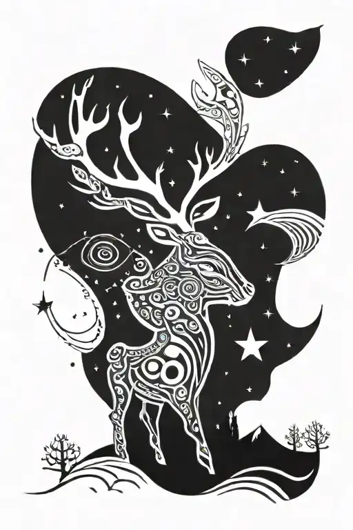 Reindeer beneath starry night sky with one small green moon and a larger white moon tattoo design idea