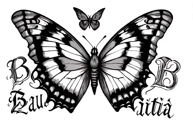 Bautista with a medium Butterfly by the B and a smaller one flying over the last part of the word tattoo design idea