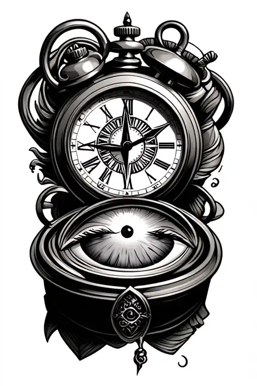 pocket watch, compass, all seeing eye tattoo design idea