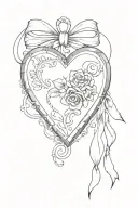 Create me a fineline tattoo of an open heart-shaped locket with a bow, on the left side there is a tattoo design idea