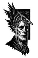 righteous angle withe gothic cathedral window setting behind it's head tattoo design idea