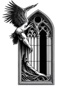 righteous angle withe gothic cathedral window setting behind it's head tattoo design idea