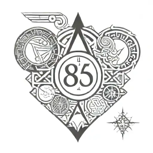 A symbolic tattoo featuring the date 8th December 2002 in Roman numerals, surrounded by Egyptian and Venezuelan symbols tattoo design idea