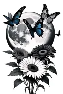 full moon with butterflies one with the wings fully open and belladonna nightshafe flowers and dark gerbera daisies  tattoo design idea