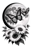 full moon with butterflies one with the wings fully open and belladonna nightshafe flowers and dark gerbera daisies  tattoo design idea