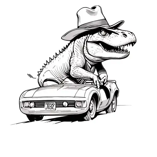 Trex with hat driving a car driving tattoo design idea