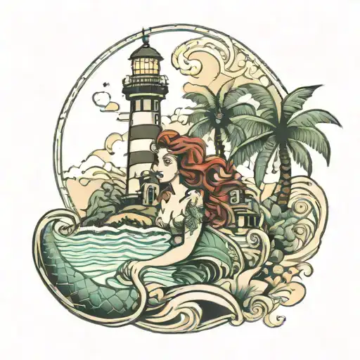Mermaid with palm trees waves and light house tattoo design idea