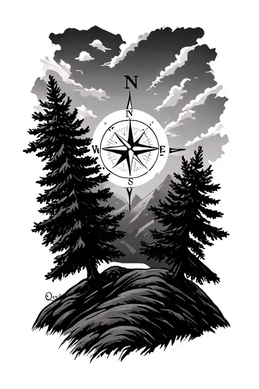 hills and pinetrees with a compass behind the trees and in the sky tattoo design idea