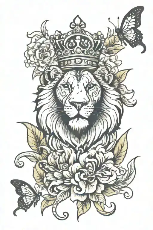 lion with a crown,  and tropical flowers, and Butterflys,  and a snake tattoo design idea