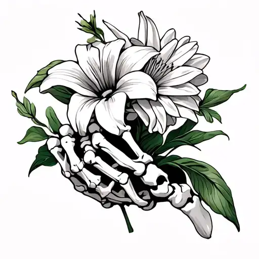 Skeleton hand that's curved holding a Lilly, and a chrysanthemum flower tattoo design idea