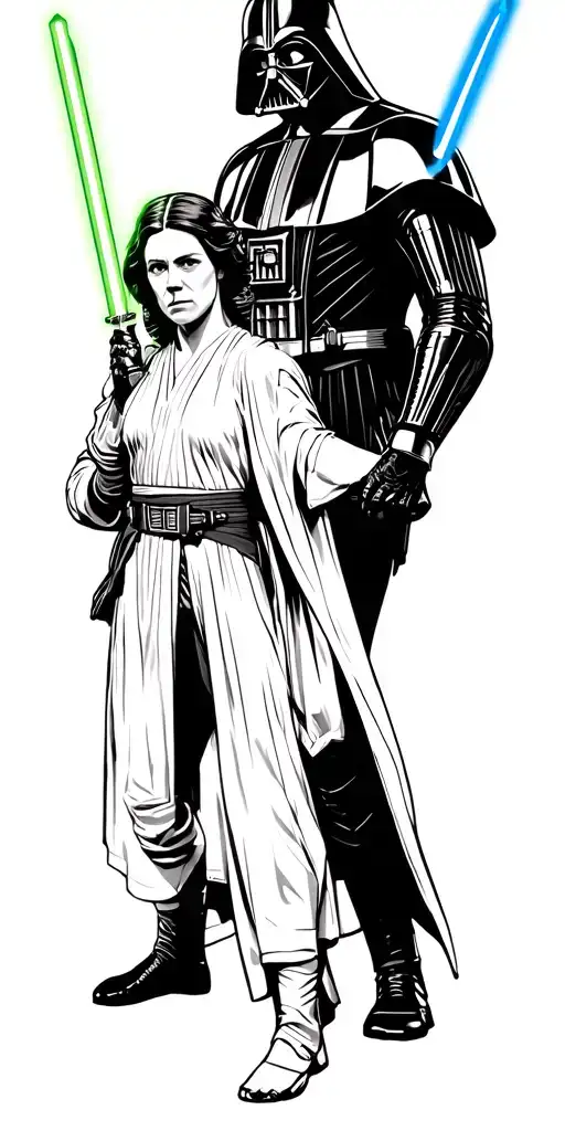 luke skywalker holds his green lightsaber and leia holds her blue light saber. they stand together and darth vader looms tattoo design idea