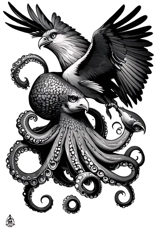 octopus holding up fish to diving pertain falcon tattoo design idea