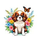 cavalier king charles spaniel sitting in flowers with butterfly tattoo design idea