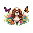 cavalier king charles spaniel sitting in flowers with butterfly tattoo design idea