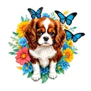 cavalier king charles spaniel sitting in flowers with butterfly tattoo design idea