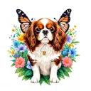 cavalier king charles spaniel sitting in flowers with butterfly tattoo design idea