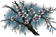 Cherry blossom petals falling, deep blue petals dark blue petals, purple petals, light blue petals, black branch tattoo design idea