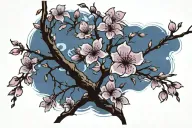Cherry blossom petals falling, deep blue petals dark blue petals, purple petals, light blue petals, black branch tattoo design idea