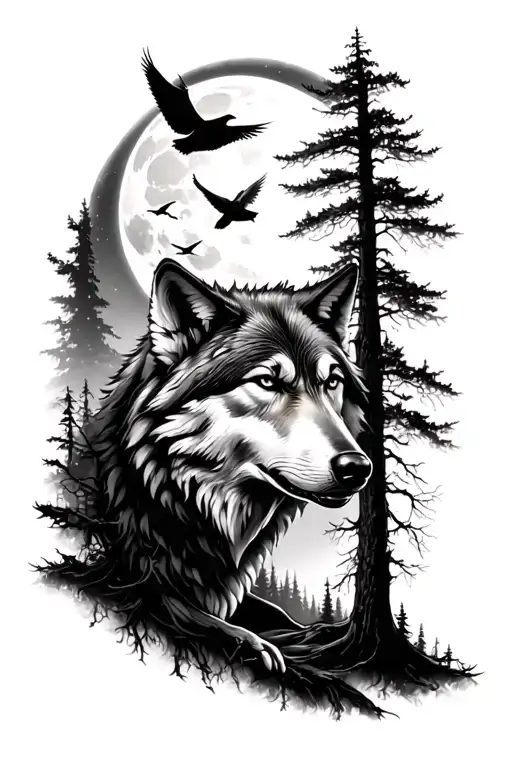 I want a tattoo that starts on the wrist with a black forest and an angry wolf, flying birds, a full moon and ends tattoo design idea