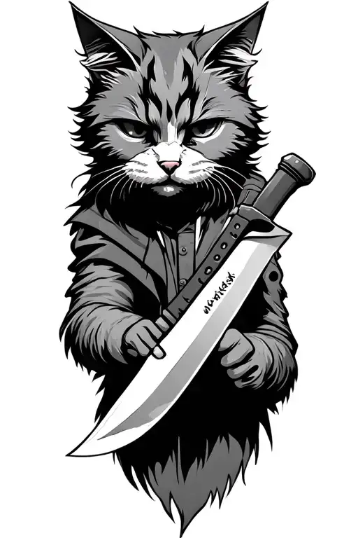 a scruffy street humanoid cat holding a knife tattoo design idea