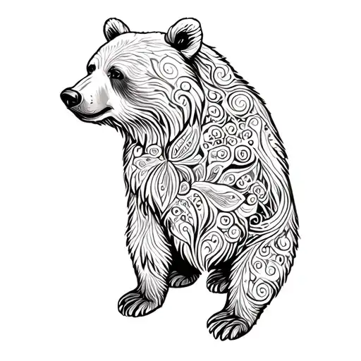 bear from side outline interwined with paisleys minimalistic, make paisleys bolder tattoo design idea