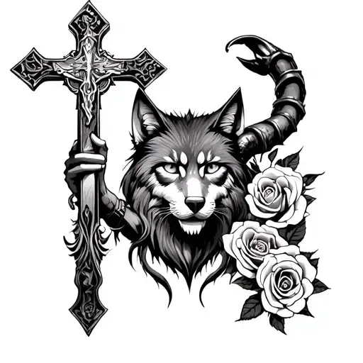 scorpio holding christian cross, roses wolf, lion, old cane, paw, cat eyes tattoo design idea