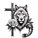 scorpio holding christian cross, roses wolf, lion, old cane, paw, cat eyes tattoo design idea