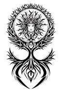 tribal design including army elements, tree of life, dna strand, goddess sun moon, dragon tattoo design idea