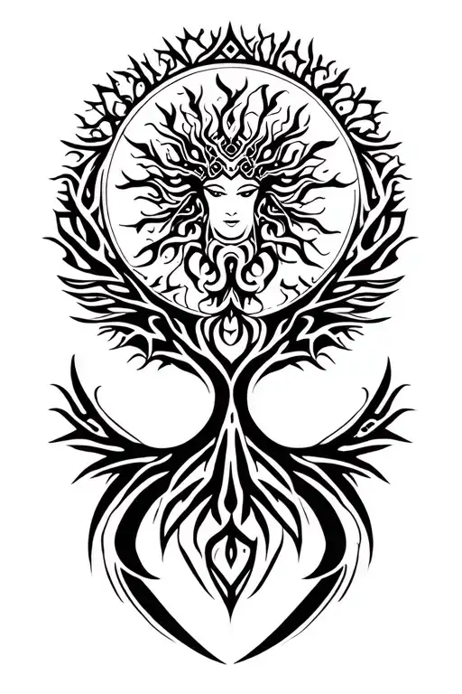 tribal design including army elements, tree of life, dna strand, goddess sun moon, dragon tattoo design idea