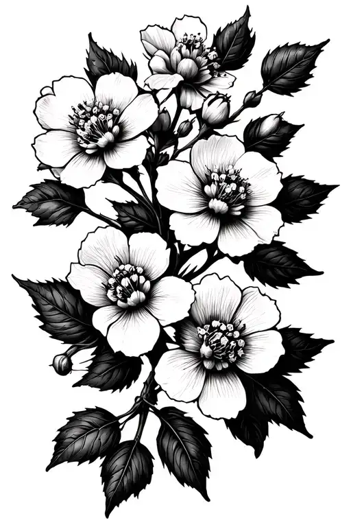 Feminine hawthorn flower tattoo with 5–7 small clustered blossoms, including some buds and one partial bloom tattoo design idea