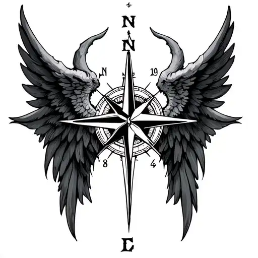 compass half demon angel wings tattoo design idea
