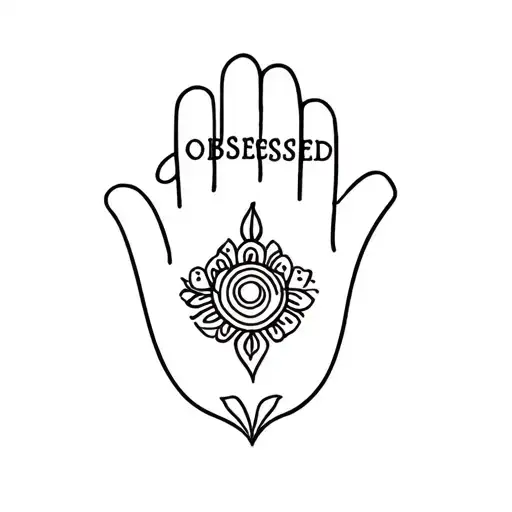 hamsa hand with the word "obsessed"  tattoo design idea