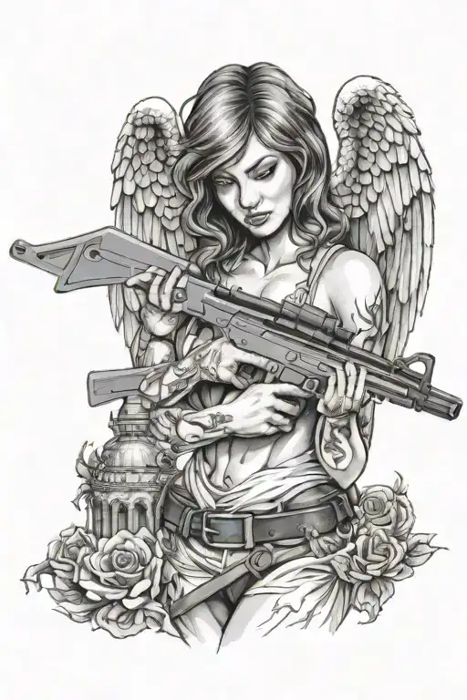 female Angel keeps his eyes shut with a band Holding a rifle  tattoo design idea