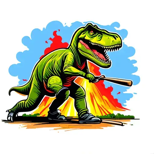 Dinosaur cricket player batting in front of violently erupting volcano tattoo design idea